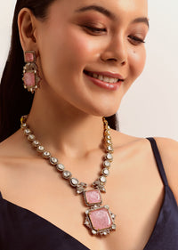 Pink And Gold Kundan Necklace Set In Mix Metal