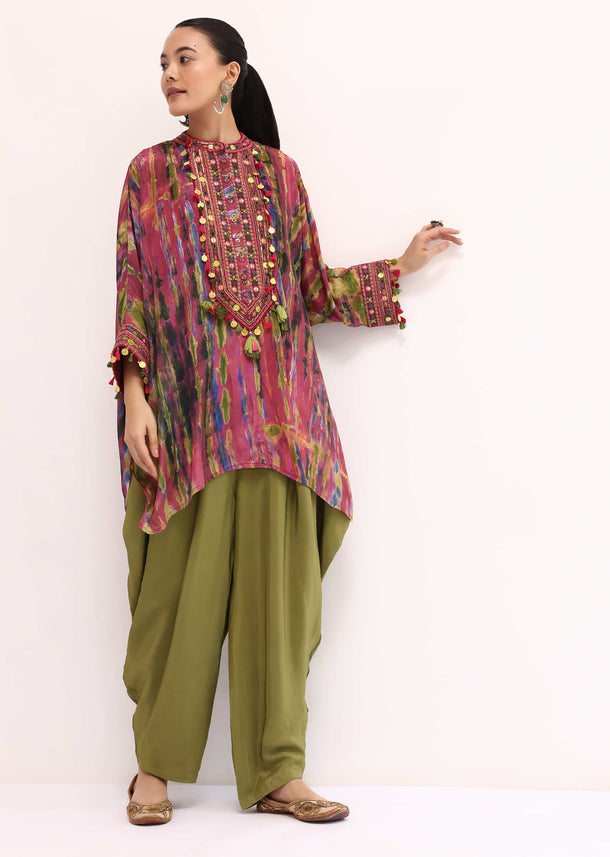 Pink And Green Embroidered Crepe Kurta Salwar