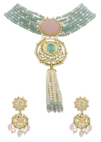 Pink And Green Pendant Necklace Set With Encrusted Kundan