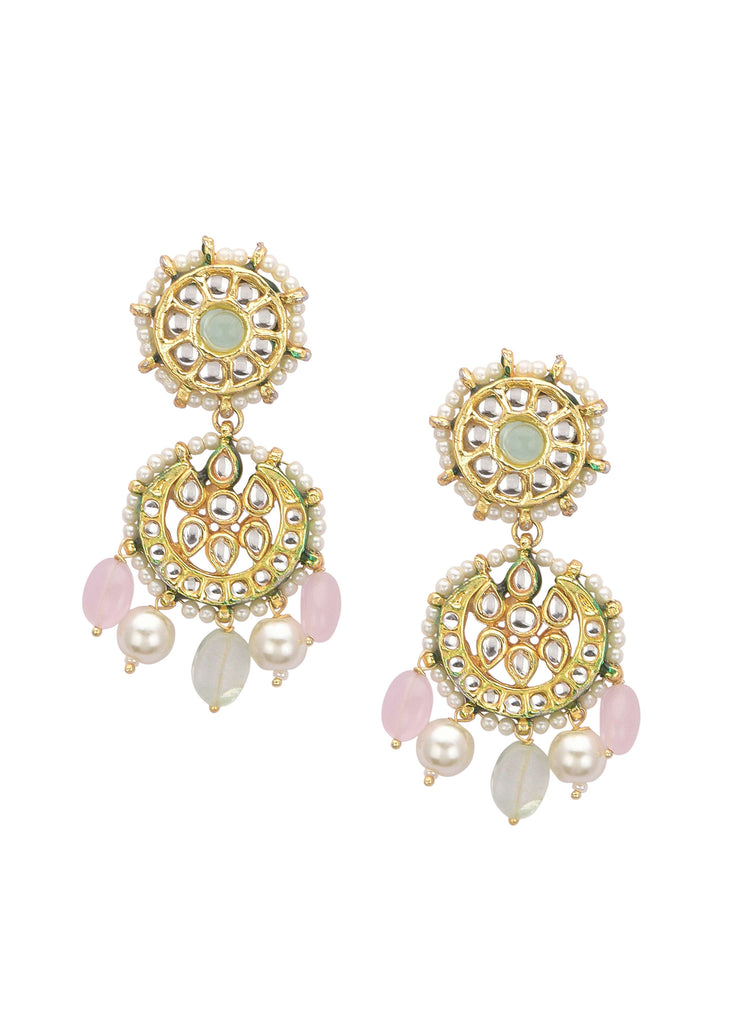 Pink And Green Pendant Necklace Set With Encrusted Kundan