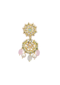 Pink And Green Pendant Necklace Set With Encrusted Kundan