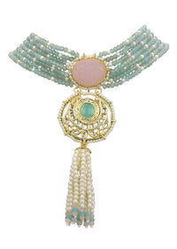 Pink And Green Pendant Necklace Set With Encrusted Kundan