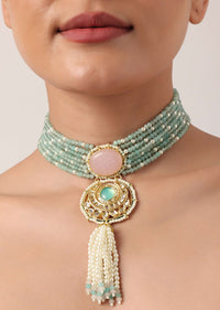 Pink And Green Pendant Necklace Set With Encrusted Kundan