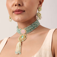 Pink And Green Pendant Necklace Set With Encrusted Kundan