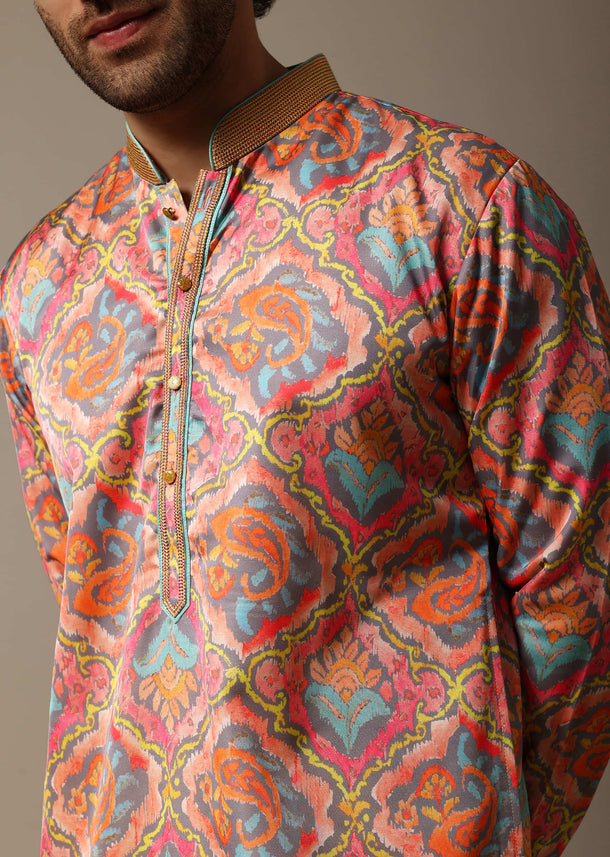Pink And Green Printed Silk Kurta Set For Men