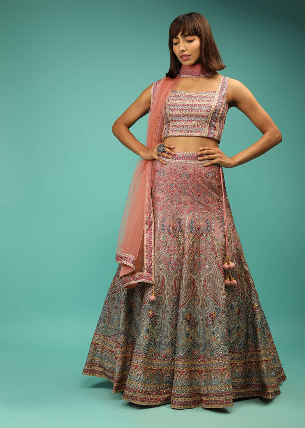 Pink And Grey Lehenga Choli With Ethnic Floral Print And Zari Accents