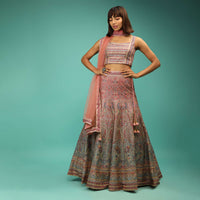 Pink And Grey Lehenga Choli With Ethnic Floral Print And Zari Accents