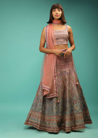 Pink And Grey Lehenga Choli With Ethnic Floral Print And Zari Accents