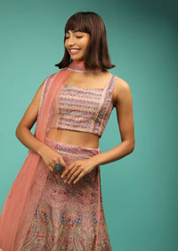 Pink And Grey Lehenga Choli With Ethnic Floral Print And Zari Accents