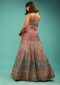 Pink And Grey Lehenga Choli With Ethnic Floral Print And Zari Accents