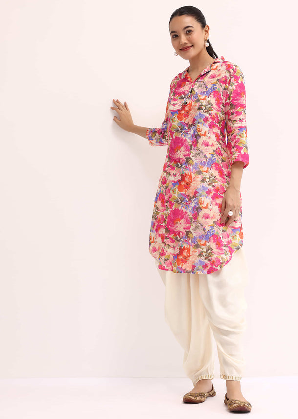 Pink And Ivory Printed Cotton Kurta Dhoti