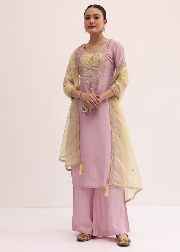 Pink And Lime Green Embroidered Kurta Palazzo Set