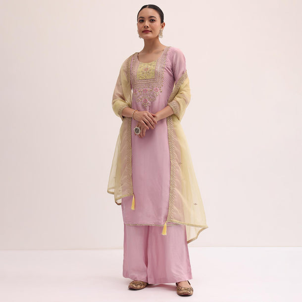 Pink And Lime Green Embroidered Kurta Palazzo Set