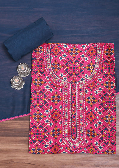 Pink And Navy Blue Patola Printed Tussar Dress Material
