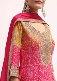 Pink And Orange Embroidered Kurta Palazzo Set