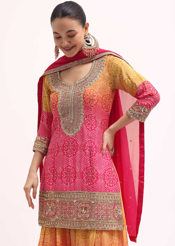 Pink And Orange Embroidered Kurta Palazzo Set