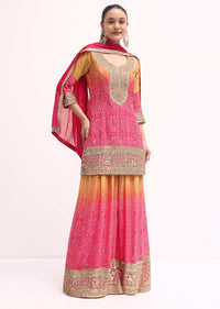 Pink And Orange Embroidered Kurta Palazzo Set