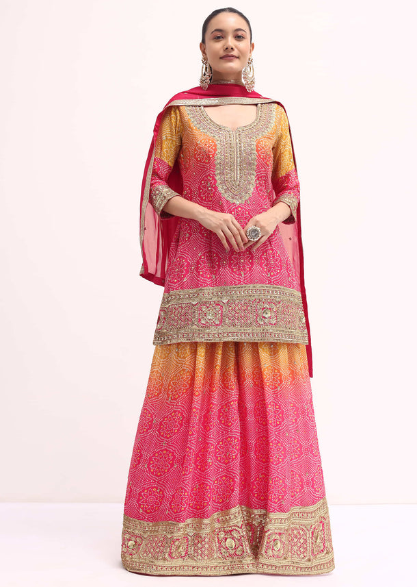 Pink And Orange Embroidered Kurta Palazzo Set