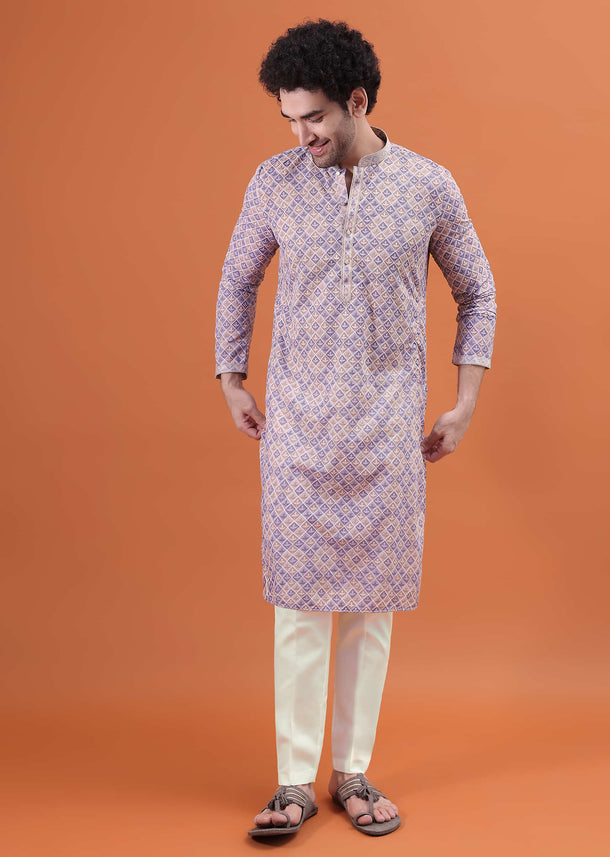 Pink And Purple Lucknowi Cotton Kurta Set For Men
