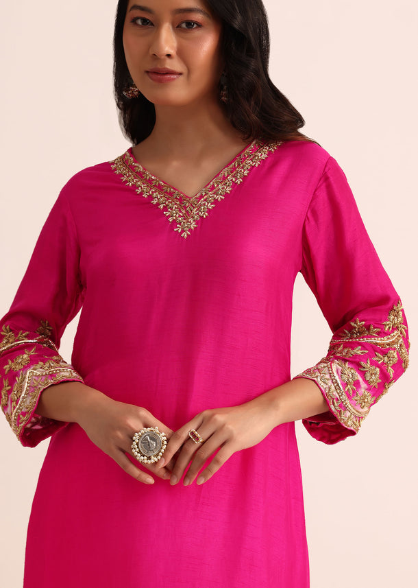 Pink And White Embroidered Silk Kurta Pant