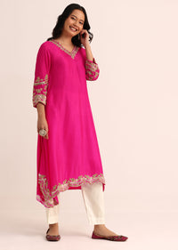 Pink And White Embroidered Silk Kurta Pant