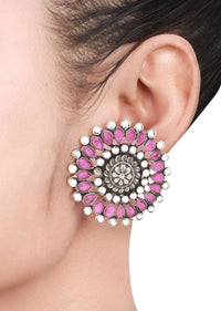 Pink And White Gemstone Studs In Hand Crafted Floral Design  Made In Sterling Silver By Sangeeta Boochra