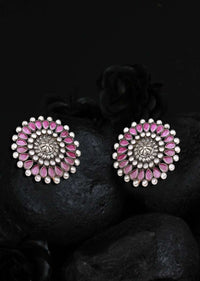 Pink And White Gemstone Studs In Hand Crafted Floral Design  Made In Sterling Silver By Sangeeta Boochra