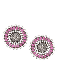 Pink And White Gemstone Studs In Hand Crafted Floral Design  Made In Sterling Silver By Sangeeta Boochra