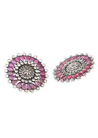 Pink And White Gemstone Studs In Hand Crafted Floral Design  Made In Sterling Silver By Sangeeta Boochra