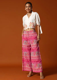 Pink And White Printed Crop Top And Palazzo