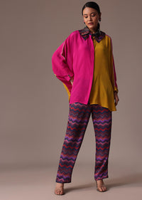 Pink And Yellow Colour Block Print Silk Co Ord Set