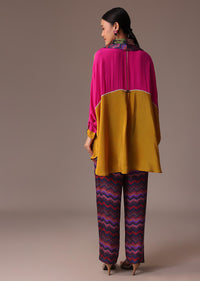 Pink And Yellow Colour Block Print Silk Co Ord Set