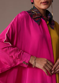 Pink And Yellow Colour Block Print Silk Co Ord Set