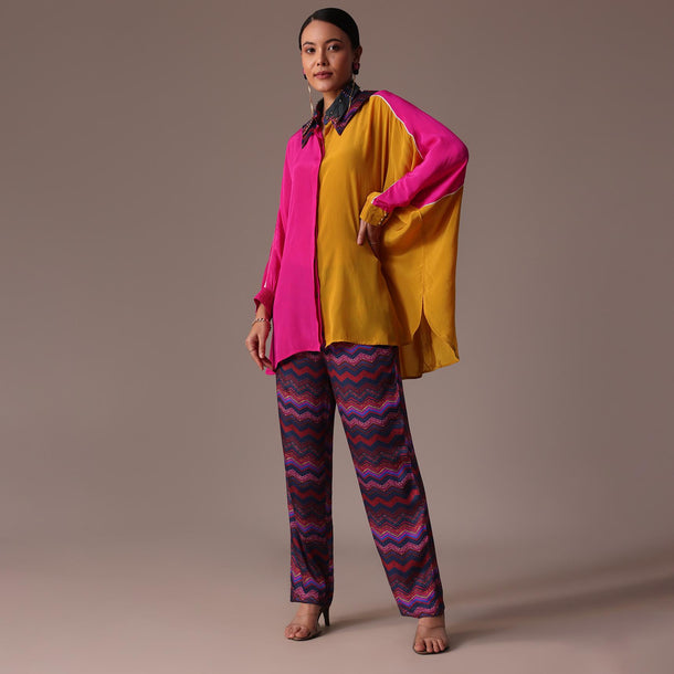 Pink And Yellow Colour Block Print Silk Co Ord Set