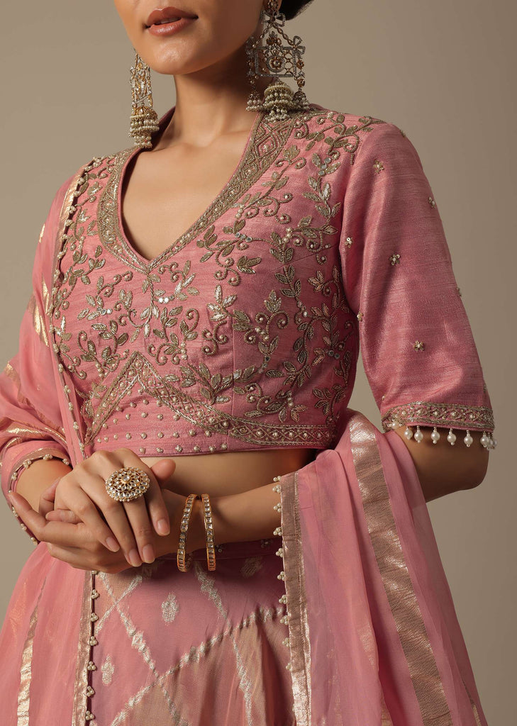 Pink Art Silk Pearl Embellished Lehenga Set