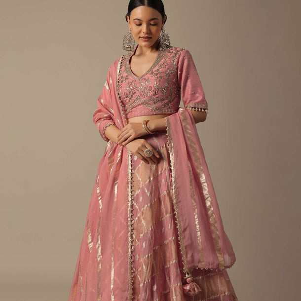Pink Art Silk Pearl Embellished Lehenga Set
