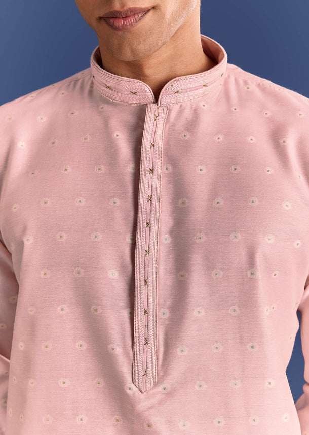 Pink Banaras Jacquard Kurta Set With Butti Print