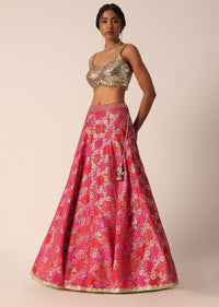 Pink Banarasi Brocade Lehenga Set With Zari Motifs