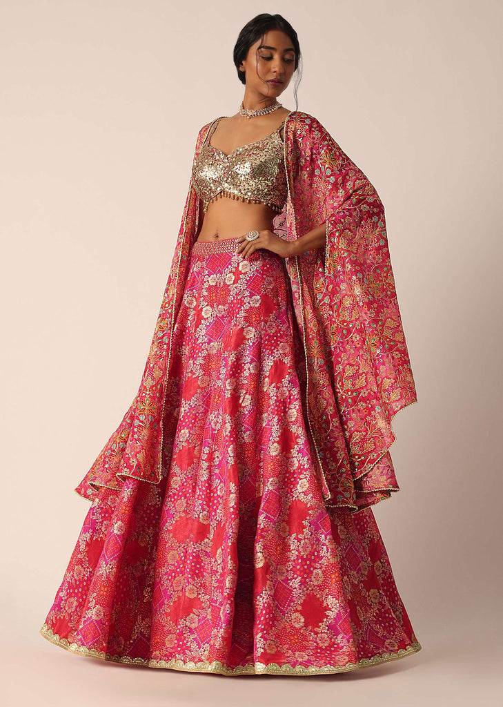 Pink Banarasi Brocade Lehenga Set With Zari Motifs