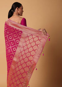 Pink Banarasi Georgette Saree With Bandhani Detail And Unstitched Blouse Piece