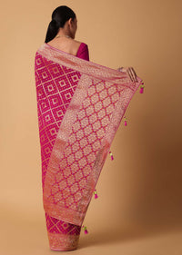 Pink Banarasi Georgette Saree With Bandhani Detail And Unstitched Blouse Piece