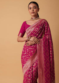 Pink Banarasi Georgette Saree With Bandhani Detail And Unstitched Blouse Piece