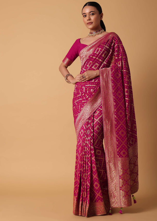 Pink Banarasi Georgette Saree With Bandhani Detail And Unstitched Blouse Piece
