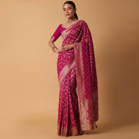 Pink Banarasi Georgette Saree With Bandhani Detail And Unstitched Blouse Piece