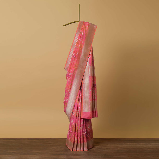 Pink Banarasi Katan Silk Saree With Kadva Jaal Weave And Unstitched Blouse Piece