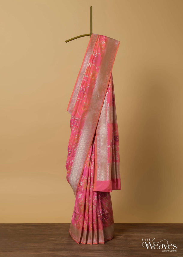 Pink Banarasi Katan Silk Saree With Kadva Jaal Weave And Unstitched Blouse Piece