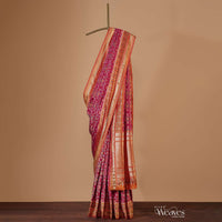 Pink Banarasi Patola Saree In Katan Silk With Ikat Weave And Unstitched Blouse