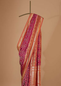 Pink Banarasi Patola Saree In Katan Silk With Ikat Weave And Unstitched Blouse