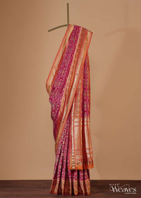 Pink Banarasi Patola Saree In Katan Silk With Ikat Weave And Unstitched Blouse