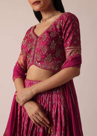 Pink Banarasi Print Brocade Lehenga Set